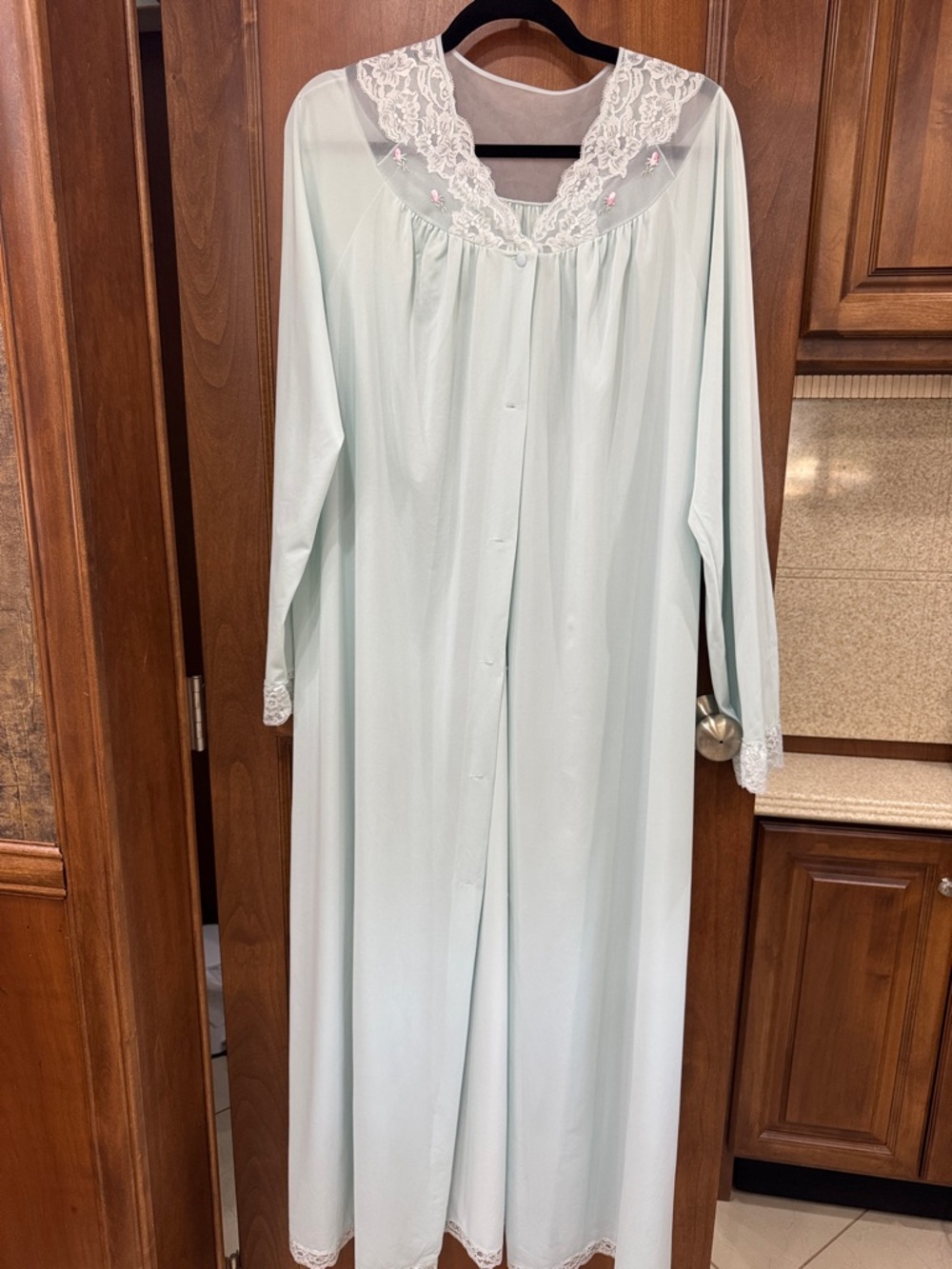 Lace-Trim Long Button-Front Nightgown Robe in Mint